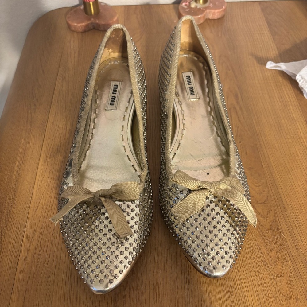 Miu Miu Gold Flats with Bow